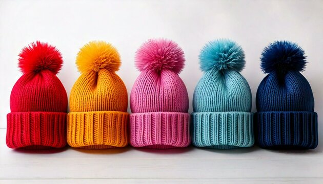 multi coloured knit pompom hats, winter fashion, knitting, wooly hats 