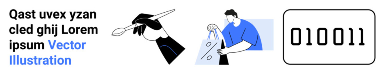Hand holding brush painting, woman shopping with percentage bags, binary code. Ideal for art education, e-commerce promotions, software development, coding education, shopping-themed designs, digital