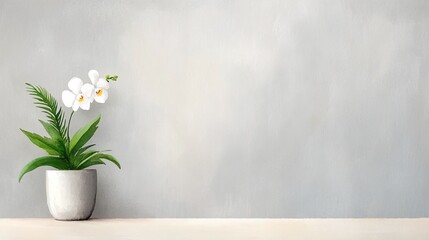 Elegant white orchid plant in ceramic pot, minimalistic interior decor, soft light gray background, stylish floral design, serene and calming indoor arrangement with copy space

