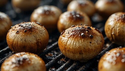 Close-up of mushrooms being roasted on a grill.