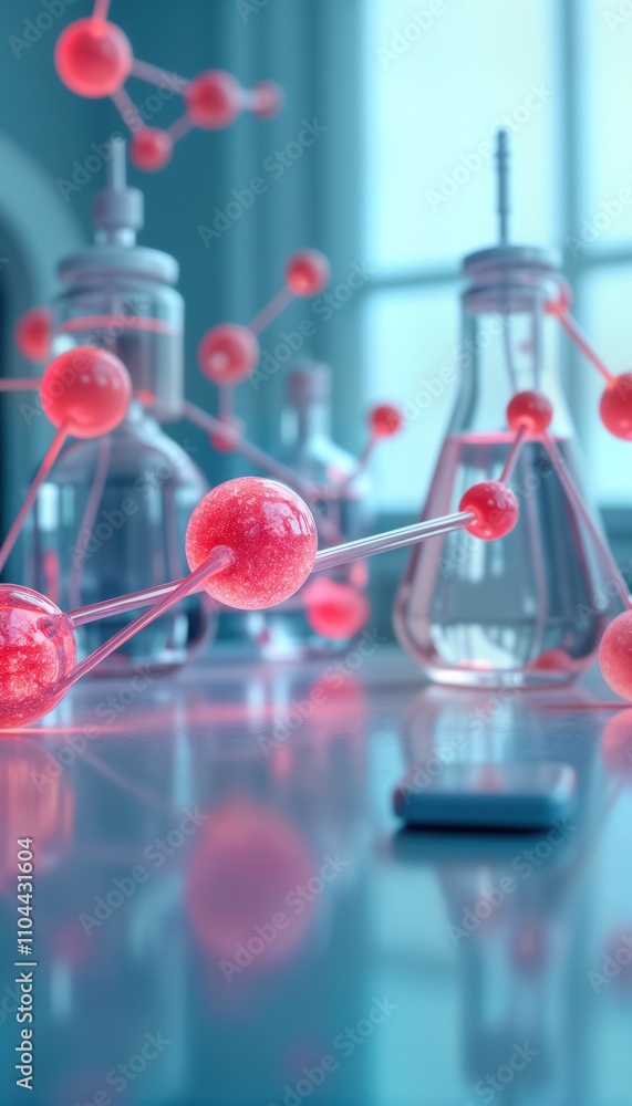 Poster abstract molecular structures, advanced lab equipment illustrate complex scientific research process