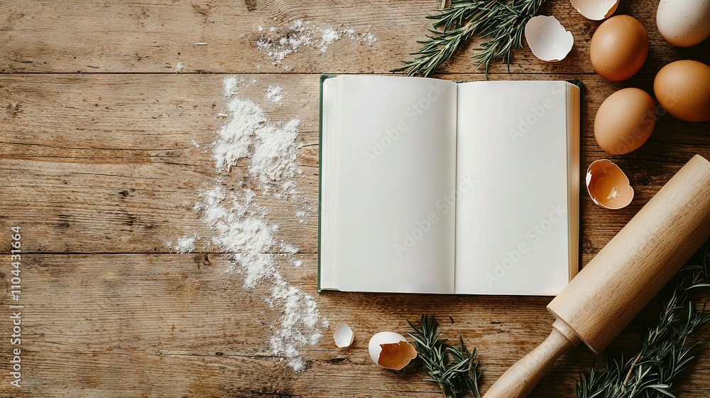 Aufkleber an open book rests atop a wooden table alongside an egg-rolling pin and a collection of eggs arrange
