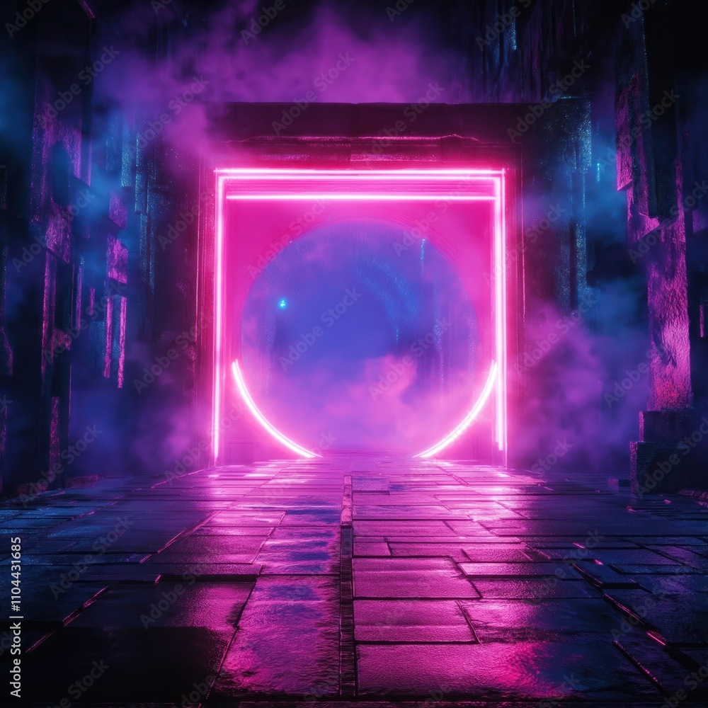 Poster futuristic neon portal glows in dark alley. glowing tunnel in alternative dimension. amazing futuris