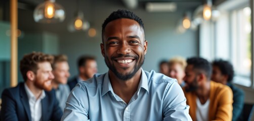 Happy black man smiling in office meeting. Teamwork, collaboration in business setting. Startup success, motivated leadership. Management support, workflow in modern office. Group of people focused