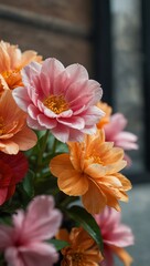 Close-up of pink and orange flower petals in an urban setting.