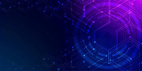 A futuristic digital circuit board with glowing blue and purple neon lights, representing technology and innovation.