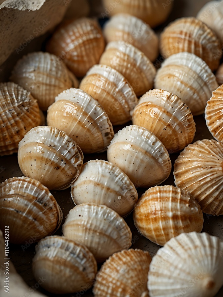 Poster close-up of raw scallops in weathered shells.