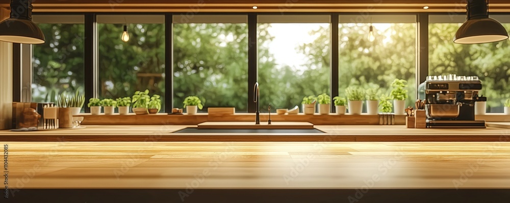 Poster empty wooden kitchen countertop in front of large window. sunlight streams through window. plants, c