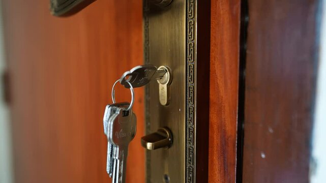 Wooden door lock keys footage slowmotion