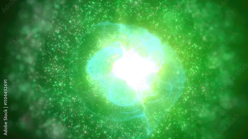 Poster a glowing green nebula sphere with a white core, surrounded by sparkling particles, creating a sense