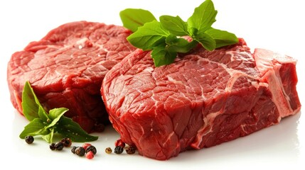 photograph of fresh, raw, red beef meat on a transparent background. PNG, cutout, or clipping path. wide angle lens
