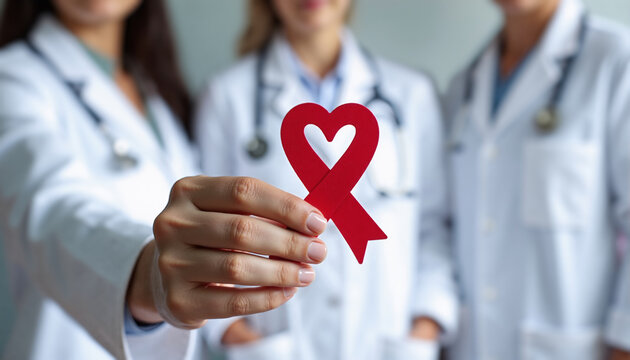 Female doctor holding heart shaped red AIDS awareness ribbon with blurred doctors in background. World AIDS Day, AIDS Awareness month, Heart Disease, 1st December.