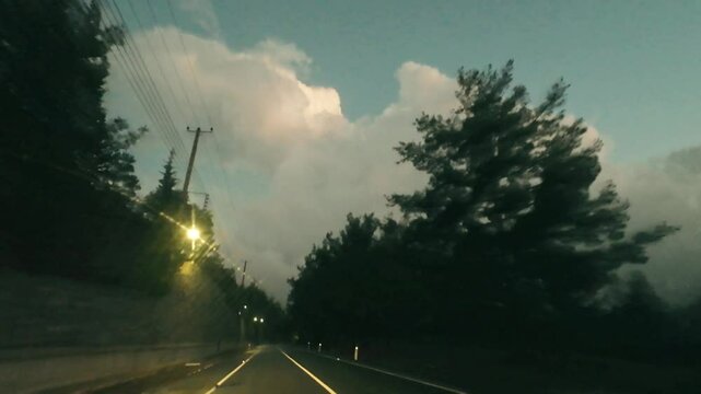 Evening dusk drive through cyprus troodos mountains 