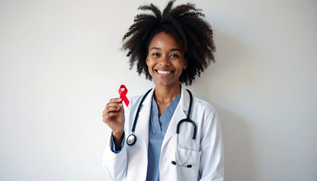 Smiling african american female doctor holding red awareness ribbon against white background. World AIDS Day, AIDS Awareness month, HIV awareness. - Powered by Adobe