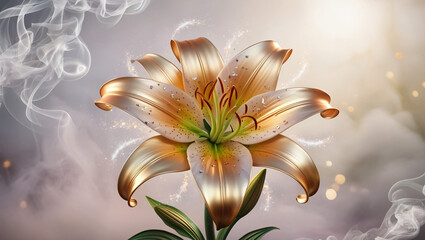lily flower in foggy cosmic background, created by Generative AI