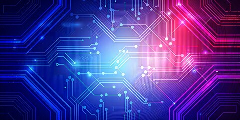  A futuristic digital circuit board with glowing blue and purple neon lights, representing technology and innovation.