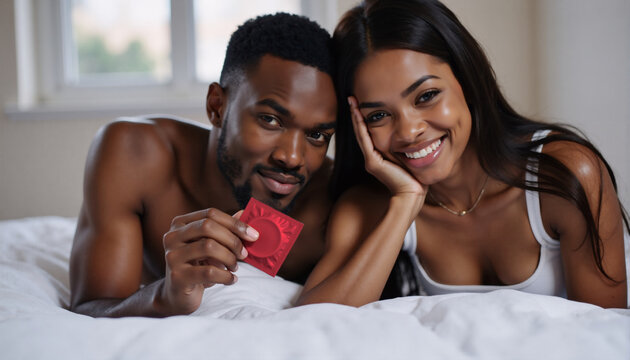 Happy young black african american couple in bed holding a red condom wrapper. Safe sex and love concept.