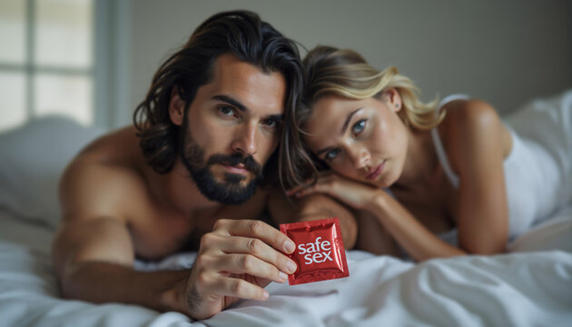 Caucasian couple in bed holding a condom wrapper with safe sex logo text.