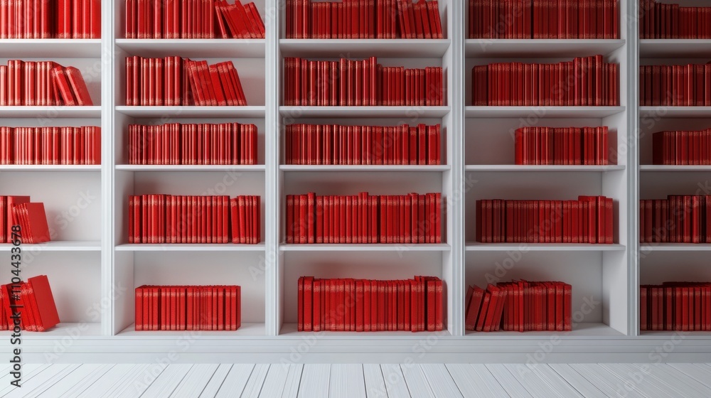 Poster a minimalist 3d render showcasing neat rows of red books on pristine white shelves.