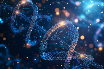 Strands of DNA shimmer in a beautiful blue space, surrounded by floating particles of light