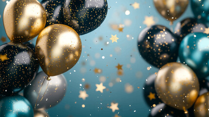 A wide banner with balloons and confetti, a blue background with gold stars and ribbons, balloons in shades of dark turquoise and light sky blue. Birthday party illustration celebration backdrop. © Pickoloh