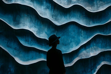 Silhouette of a person standing in front of an abstract wavy blue textured wall resembling canyon rock formations.