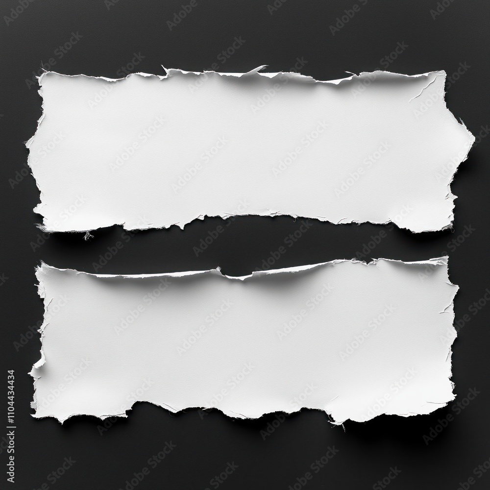 Aufkleber White ripped paper strips isolated on black background. Torn edges show texture. Blank paper sheets create empty space. Versatile design element for various projects. Suitable for modern art, design,