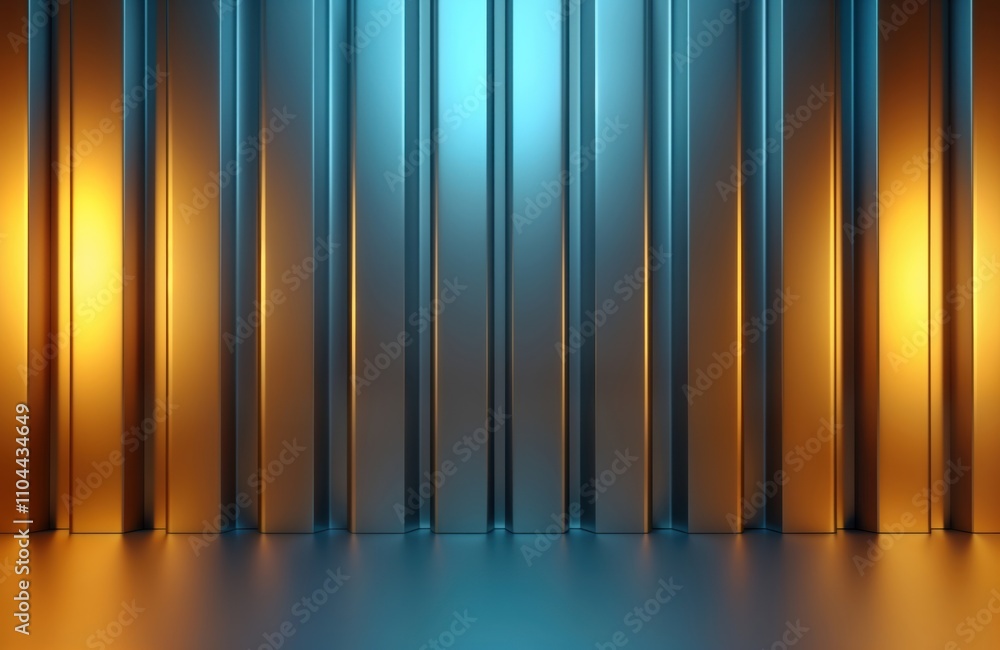 Poster abstract metallic background with vertical panels in golden, blue tones. light reflections create vi