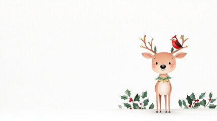 Reindeer with bird on antler, surrounded by holly leaves, minimalistic festive illustration, soft white background, cheerful holiday design, vibrant seasonal atmosphere, copy space for text

