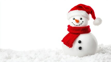A festive snowman adorned with a vibrant red scarf and a jolly Santa hat stands out against a pure white backdrop. 