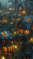 Obraz premium Cozy illuminated cabins nestled in a snowy mountain forest landscape during the winter season with a warm and festive atmosphere created by the glowing lights and reflections in the snow