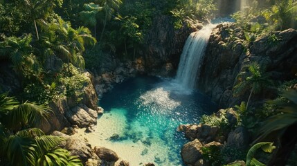 Serene waterfall in a tropical paradise.