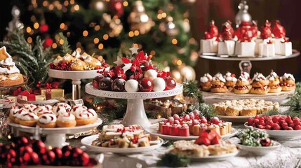 A festive table is adorned with an array of holiday delicacies, capturing the spirit of Christmas. The spread of culinary delights invites family and friends to gather and indulge in the warmth