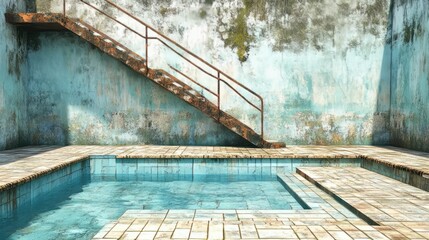 An empty swimming pool with weathered tiles and rusted stairs, waiting for summer.

