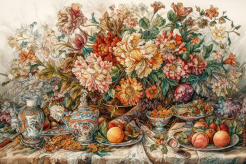 Fototapeta premium still life with bright flowers, fruits and antique dishes. In the center of the composition there are lush flowers of various shades 