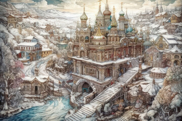 Obraz premium winter landscape of an ancient city covered with snow 