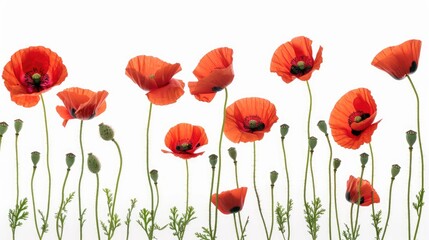 Obraz premium Red poppies on white background, displaying natural beauty and graceful stems.