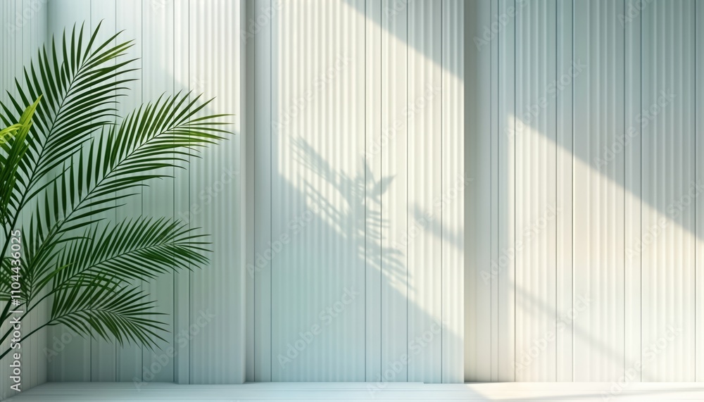 Poster empty space with green palm plant against white ribbed wall. sun shadows cast on ribbed surface. mod