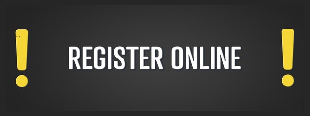 Register Online. A blackboard with white text. Illustration with grunge text style.