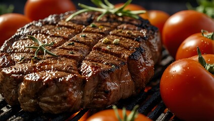 Close-up of steak and tomatoes grilling on a barbecue.
