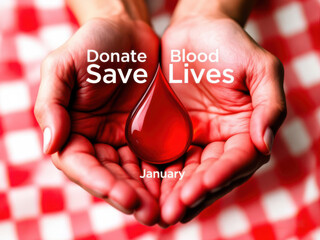 Donate blood save lives campaign in january with hands holding blood drop  National Blood Donor Month