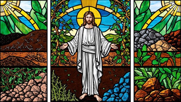 Jesus' parable of sower drawing Stained glass depiction of Jesus and the parable of the sower.