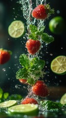 Fresh strawberries, mint leaves, and lime slices are splashing in water, creating a vibrant and refreshing composition, Ideal for food blogs, recipe books, or health-related marketing materials,