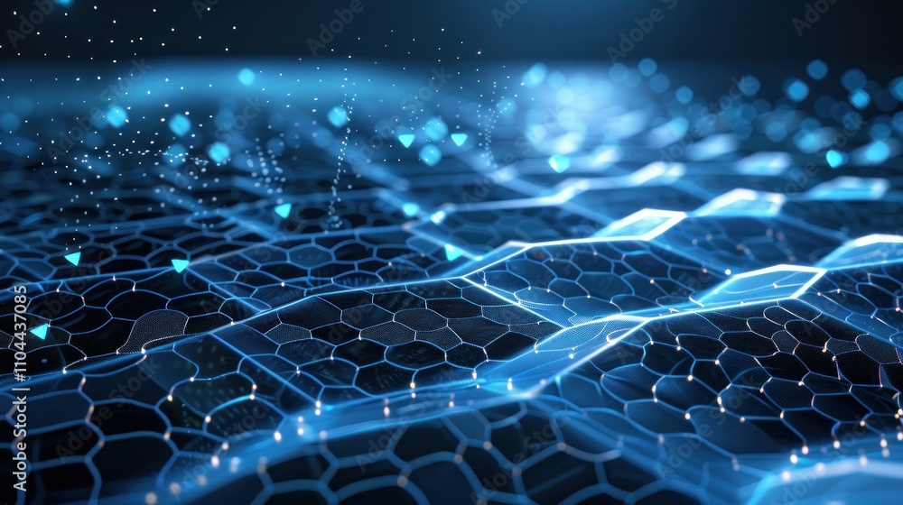 Aufkleber photograph of futuristic hexagon perspective wave ,white hexagons with blue highlights on a dark bac