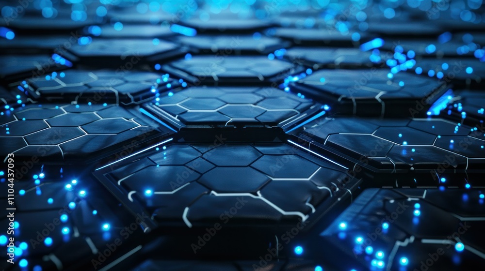Aufkleber photograph of futuristic hexagon perspective wave ,white hexagons with blue highlights on a dark bac