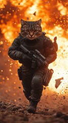 Cat soldier running through fire and debris holding assault rifle