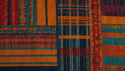 Close-up of textile weaving with vibrant geometric designs.