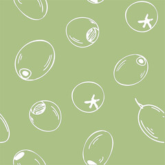 Olives Fruits Graphic seamless pattern on a green background. Hand drawn Ink Vector illustration. Can be used for textile, wallpaper prints and packaging.