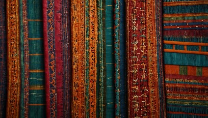 Close-up of textile weaving with vibrant geometric patterns.