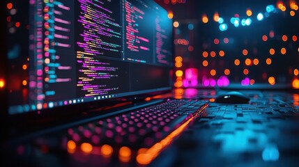 A close-up view of a backlit keyboard and a computer screen displaying colorful code against a blurred abstract background of lights.